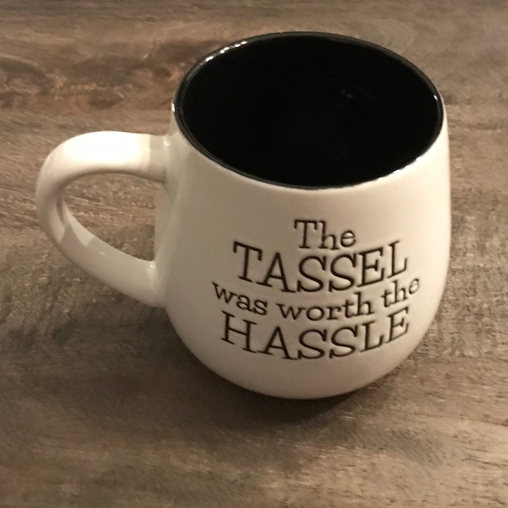 Left-handed “The TASSEL was worth the HASSLE” graduation stoneware mug